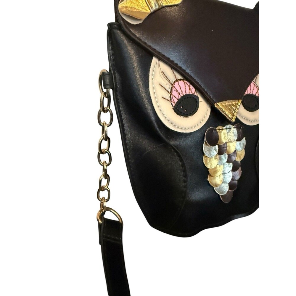 Cute Owl Purse Handbag Crossbody Black Embellished Adjustable Strap 8"x7" - Picture 3 of 10